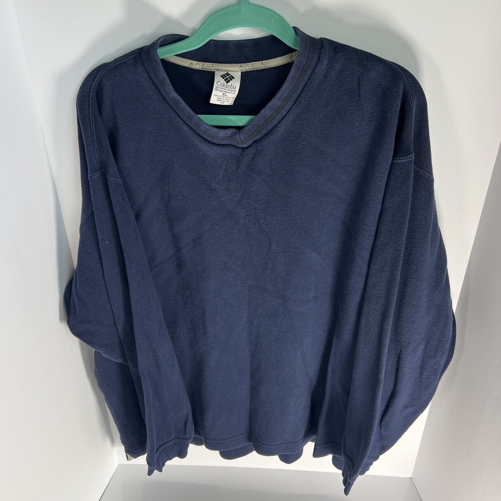 Vintage Columbia Cotton V-Neck Pullover Sweater Men's XL Navy Blue Outdoors EUC